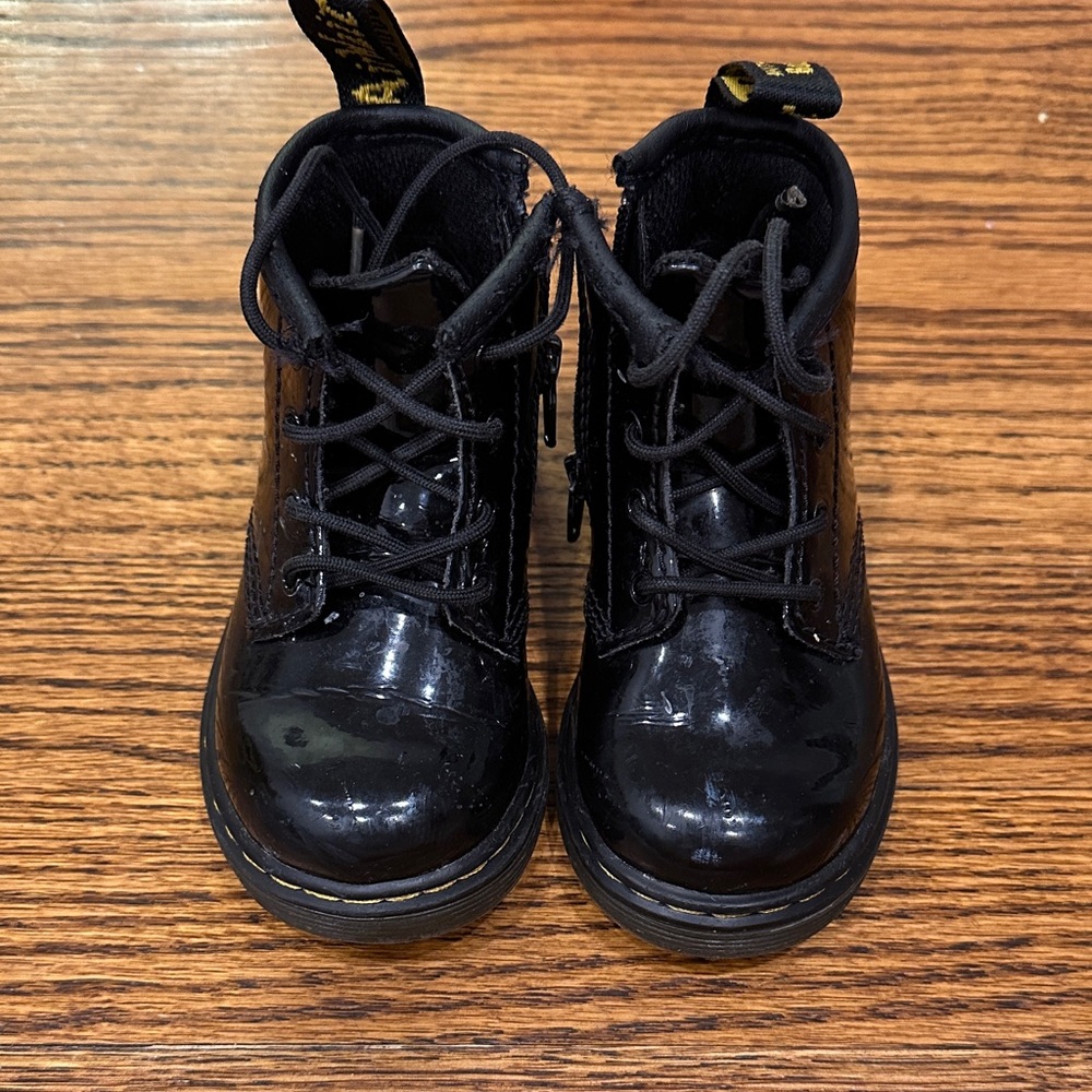 Dr. Martens Black Patent Kids Lace-Up Ankle Boots with Yellow Stitching